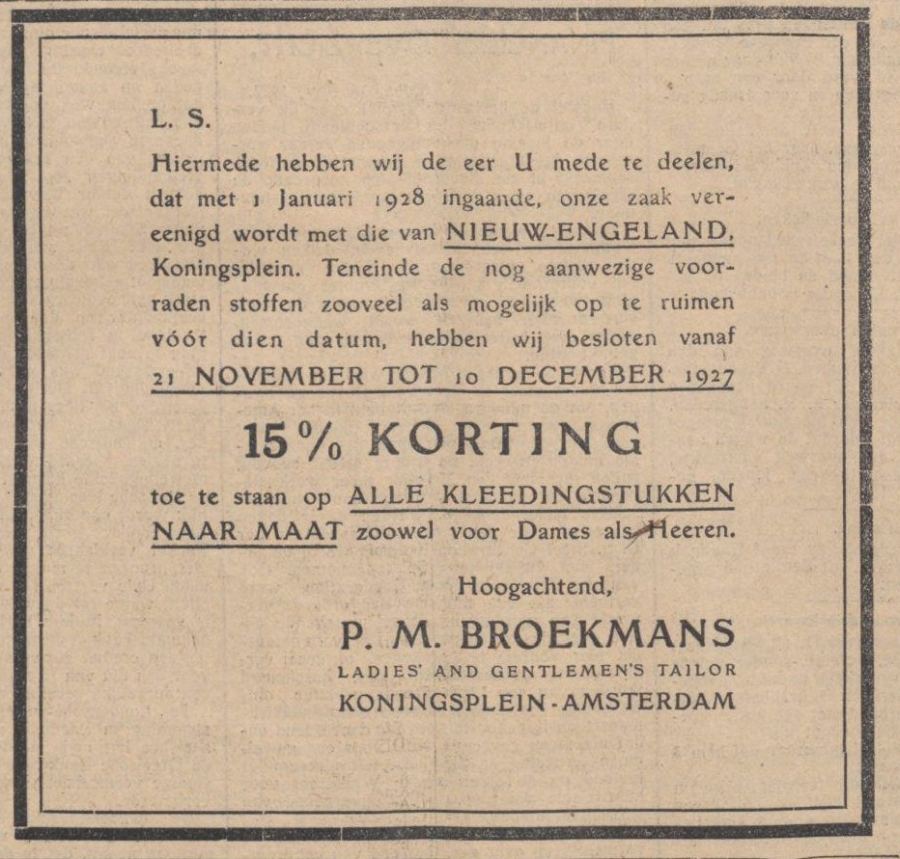 Koningsplein 1927 20 Broekmans naar Nieuw Engeland De Tijd 19-11-1927