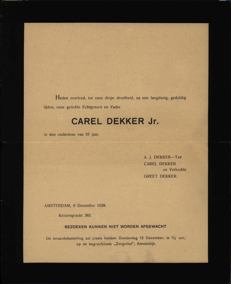 Overlijden C. Dekker 1928, Overlijdenskaart van Carel Dekker Jr.