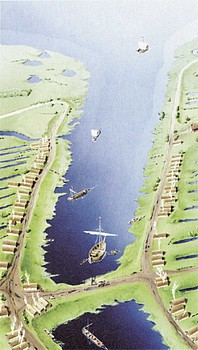 Artist impression van de vroegste staat van de dam in de Amstel