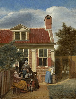 Een gezelschap op de plaats achter een huis, 1663-1665