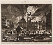 Afbeelding van de brand van het oude stadhuis van Amsterdam op 7 juli 1652. Kopergravure Universiteitsbibliotheek Leiden