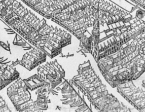 Kaart Dam vogelvluchtkaart door Cornelis Anthonisz. in 1544,  houtsnede