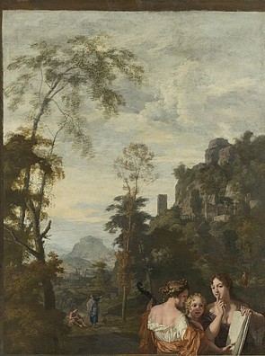 Herengracht 132, Italiaans landschap met drie musicerende vrouwen schilderingen Gerard de Lairesse. Nu van het Rijksmuseum