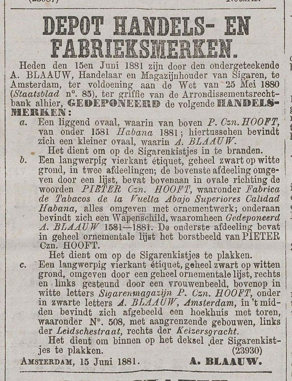 Keizersgracht 508 1881 3 deponering Algemeen Handelsblad 17-06-1881