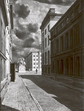 Schilderij Carel Willink, "Straat met ruiterstandbeeld"