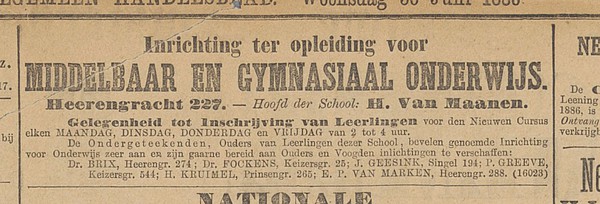 1886-06-30 Keizersgracht 227 Advertentie school Het nieuws van den dag
