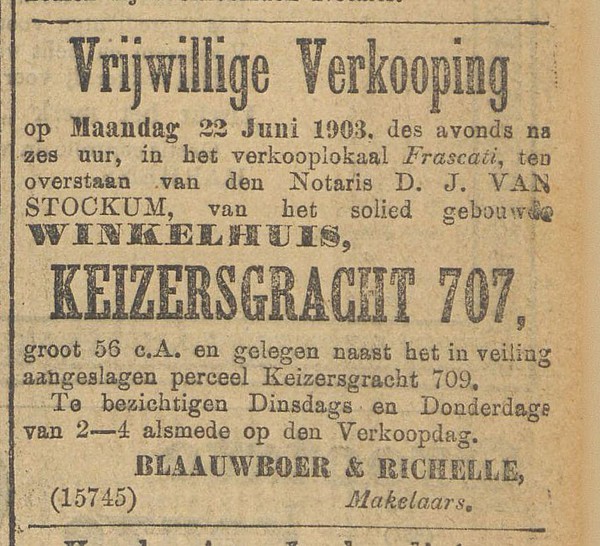 Keizersgracht 707 voor veiling Algemeen Handelsblad 30-05-1903
