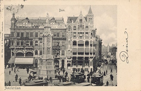 Hoek Dam en Damrak, zoals het rond 1900 was, Amsterdam