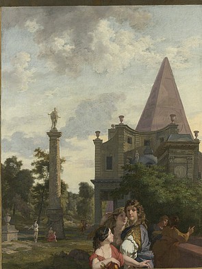Herengracht 132, Italiaans landschap met drie vrouwen op de voorgrond schilderingen Gerard de Lairesse. Nu van het Rijksmuseum