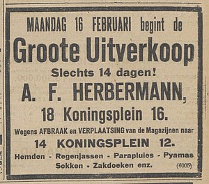 1914 Koningsplein 16-18 Herbermann afbraak Algemeen Handelsblad 14-02-1914
