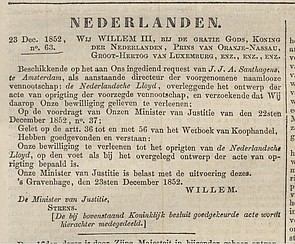 1853 Oprichting in 1852 Nederlandsche staatscourant 20-02-1853