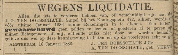 Singel 472 1886 Liquidatie Algemeen Handelsblad 17-01-1886