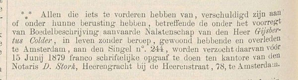 Singel 244 1879 Colder erfenis Nederlandsche staatscourant 27-05-1879