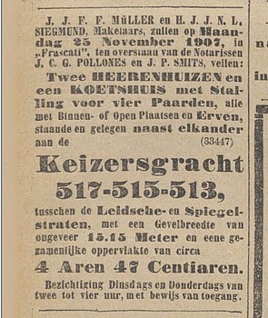 Keizersgracht 513-517 Veiling Algemeen Handelsblad 08-11-1907