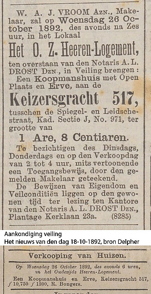 Keizersgracht 517 op veiling Het nieuws van den dag 28-10-1892