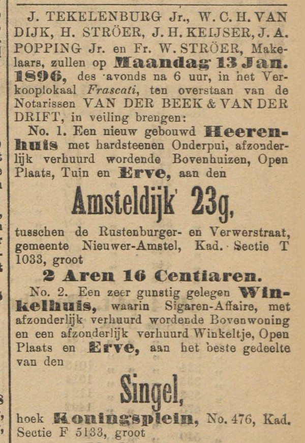 Singel 476 1896 veiling Algemeen Handelsblad 08-01-1896