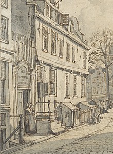 Huidenstraat  ingang van het weeshuis d  Oranjeappel tekening Lamberts  det 1817 SAA