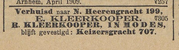 Keizersgracht 707 1909 verhuisd Nieuw Israelietisch weekblad 30-04-1909