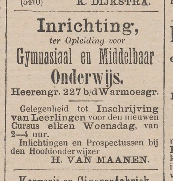 1884-06-16 Keizersgracht 227 Advertentie school Het nieuws van den dag
