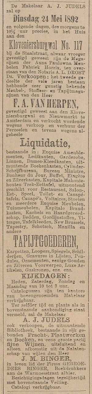 Kloveniersburgwal 01 1892 Veiling inboedel Het nieuws van den dag 21-05-1892