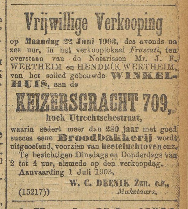 Keizersgracht 709 voor veiling Algemeen Handelsblad 23-05-1903
