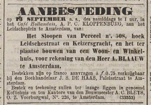 Keizersgracht 508 1880 3 afbraak Algemeen Handelsblad 03-09-1880