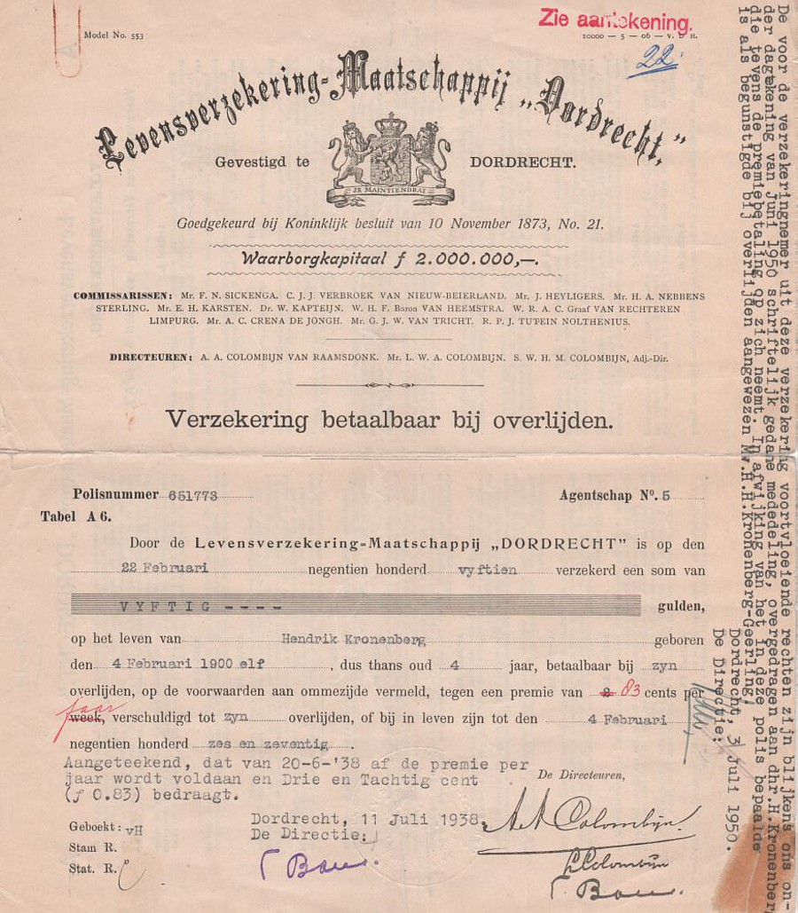 Polis van de levensverzekering-maatschappij "Dordrecht"  uit 1915