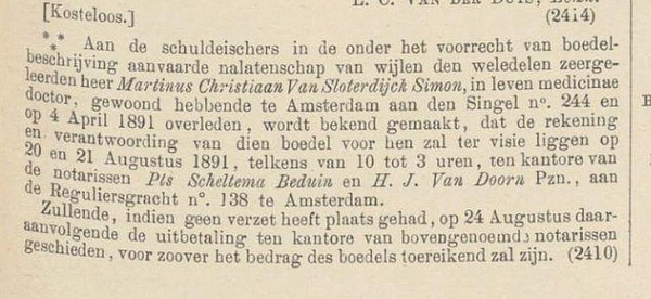 Singel 244 1891 Erfenis Nederlandsche staatscourant 17-08-1891