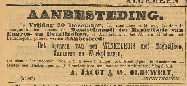 Singel 476 1898 aanbesteding Algemeen Handelsblad 18-12-1898