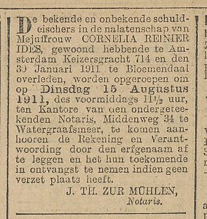 Keizersgracht 714 oproep overleden Het nieuws van den dag 09-08-1911