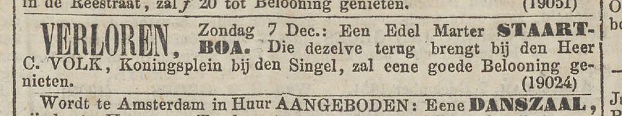 Koningsplein 02 1851 verloren C Volk  Algemeen Handelsblad 09-12-1851