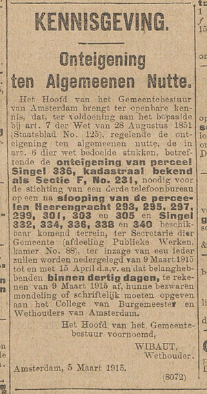 Herengracht 295 Onteigening 08-03-1915 Algemeen Handelsblad