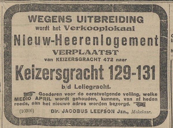 Keizersgracht 129-131 1912 verhuizing Algemeen Handelsblad 22-03-1912