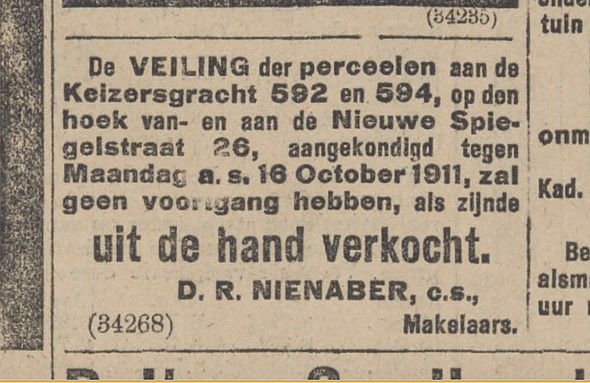 Keizersgracht 592-594 percelen Algemeen Handelsblad 15-10-1911