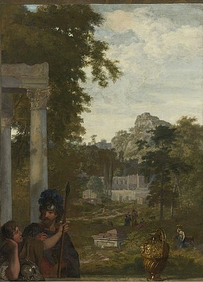 Herengracht 132, Italiaans landschap met twee Romeinse soldaten schilderingen Gerard de Lairesse. Nu van het Rijksmuseum