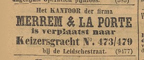 Keizersgracht 473-479 1887 verplaatst Merrem en La Porte Algemeen Handelsblad 02-05-1887