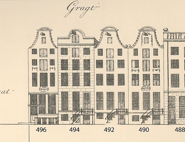 Herengracht 490 - 496,  tekening Caspar Philips