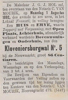Kloveniersburgwal 05 1892 veiling De Tijd 11-07-1892