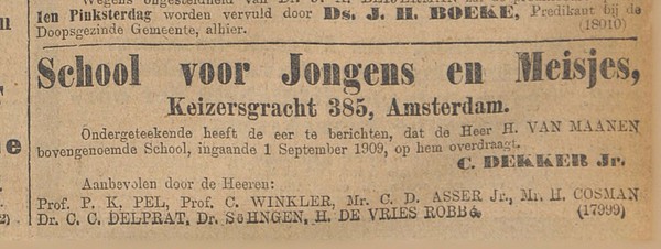 1909-05-29 Keizersgracht 385 Overdracht aan C. Dekker Algemeen Handelsblad