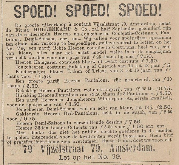 Keizersgracht 601 1892 uitverkoop De Tijd 29-08-1892