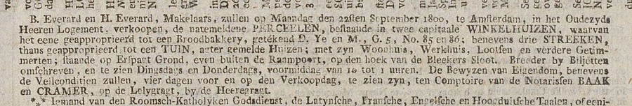 1800 Baak en Cramer Leliegracht veiling Amsterdamse Courant 23-08-1800