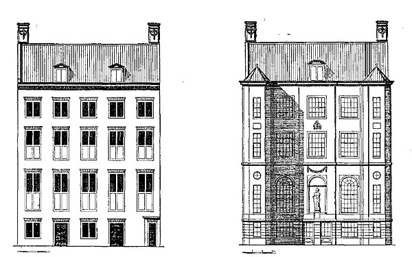 Herengracht 507 Achterzijde van het pand links uit 1676, recht uit 1740
