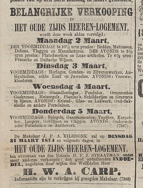 Grimburgwal Heerenlogement Veiling maandag Algemeen Handelsblad 01-03-1874