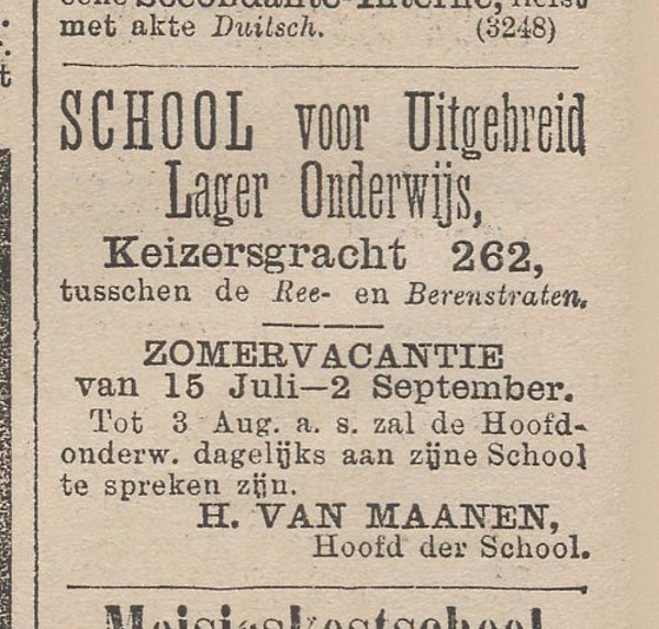 1889-07-13 Keizersgracht 262 Advertentie school Het nieuws van den dag
