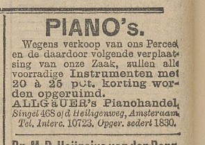 Singel 468 1912 Pianohandel uitverkoop Het nieuws van den dag 25-06-1912