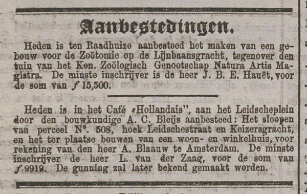Keizersgracht 508 1880 4 aanbesteding Algemeen Handelsblad 14-09-1880