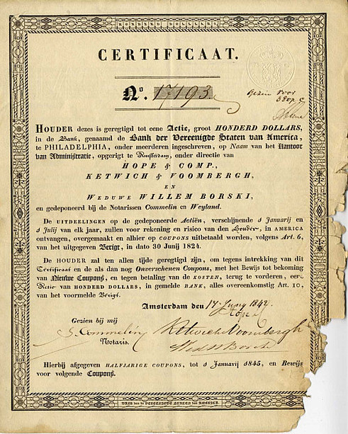 Obligatie 1845 met handtekening