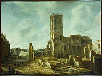 De puinhopen van het Oude Stadhuis te Amsterdam na de brand van 7 juli 1652