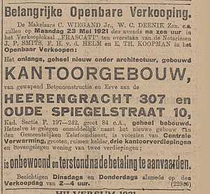 Herengracht 307 veiling adv Algemeen Handelsblad 13-05-1921