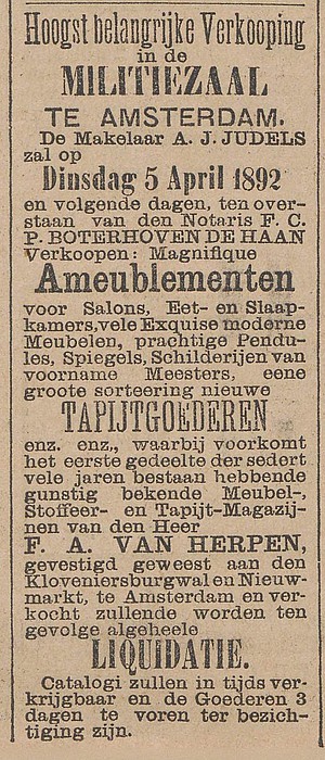 Kloveniersburgwal 01 1892 Veiling inboedel Het nieuws van den dag 26-03-1892
